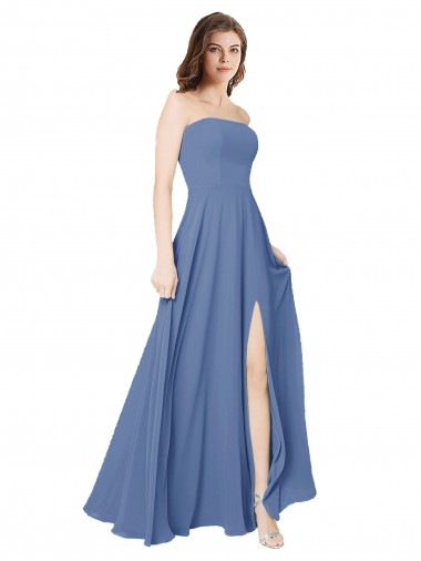 Best Strapless Long Chiffon Bridesmaid Dress with Front Slit UK