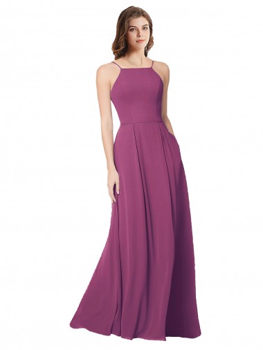 Best Halter Neck Long Pleated Chiffon Bridesmaid Dress with Pockets UK