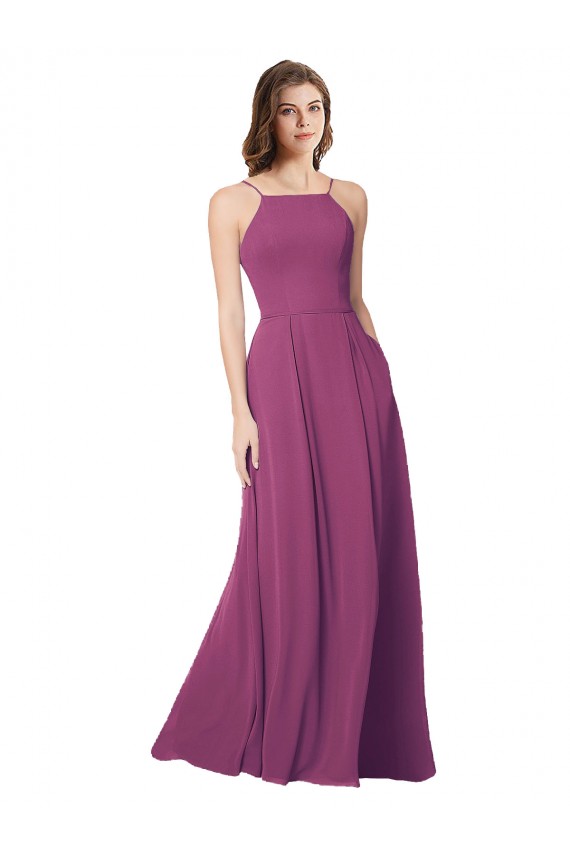 Best Halter Neck Long Pleated Chiffon Bridesmaid Dress with Pockets UK