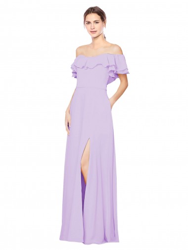 Best Ruffled Off the Shoulder Long Chiffon Bridesmaid Dress with Slit UK