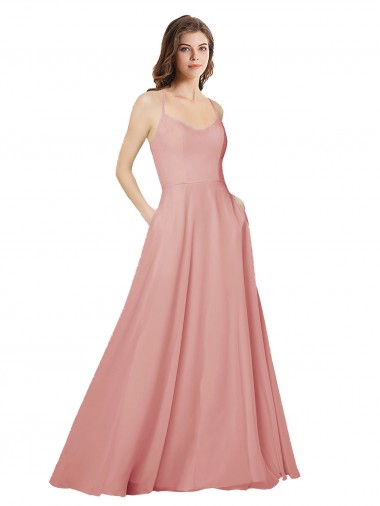 Best Open Back Wide Tie Band Long Chiffon Bridesmaid Dress with Pockets UK