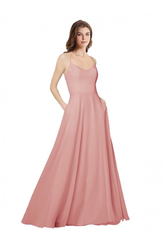 Best Open Back Wide Tie Band Long Chiffon Bridesmaid Dress with Pockets UK