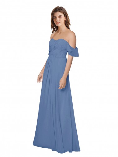 Best Flutter Sleeves Scoop Neck Off the Shoulder Long Chiffon Bridesmaid Dress UK