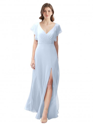 Best Flutter Sleeves Long Chiffon Bridesmaid Dress with Daring Open Back and Side Slit UK