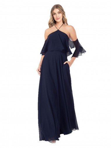 Best Halter Neck Cold Shoulder Flutter Sleeves Bridesmaid Dress UK