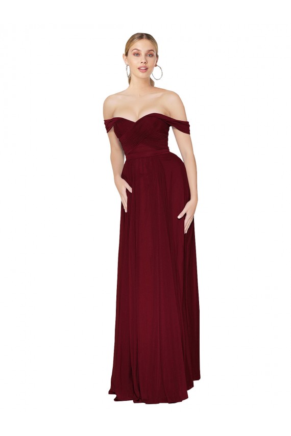 Best Shirred Sweetheat Neckline Off the Shoulder Long Chiffon Bridesmaid Dress / Formal Prom Dress UK