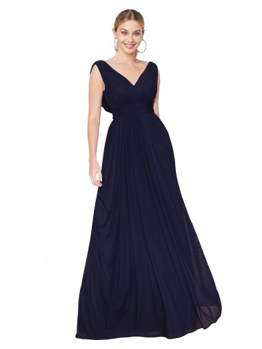 Best Draped Long V-Neck Floor Length Chiffon Bridesmaid Dress / Formal Prom Dress UK