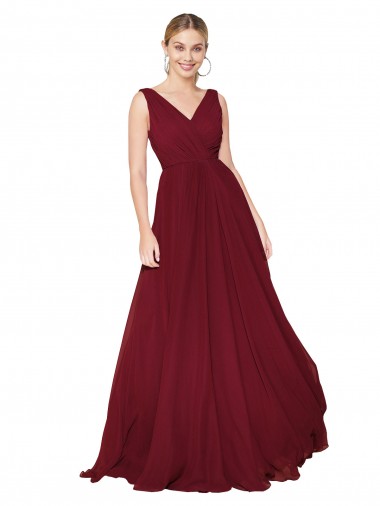 Best Draped A-Line V-Neck Floor Length Chiffon Bridesmaid Dress / Formal Prom Dress UK