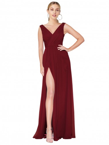 Best Draped Mermaid Long V-Neck Chiffon Bridesmaid Dress / Formal Prom Dress with High Slit UK