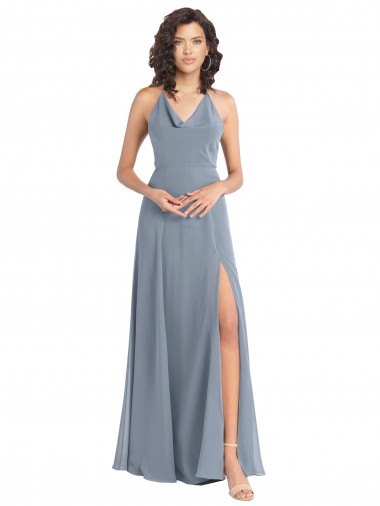 Best Slim A-Line Cowl Neck Long Chiffon Bridesmaid Dress with Side High Slit UK