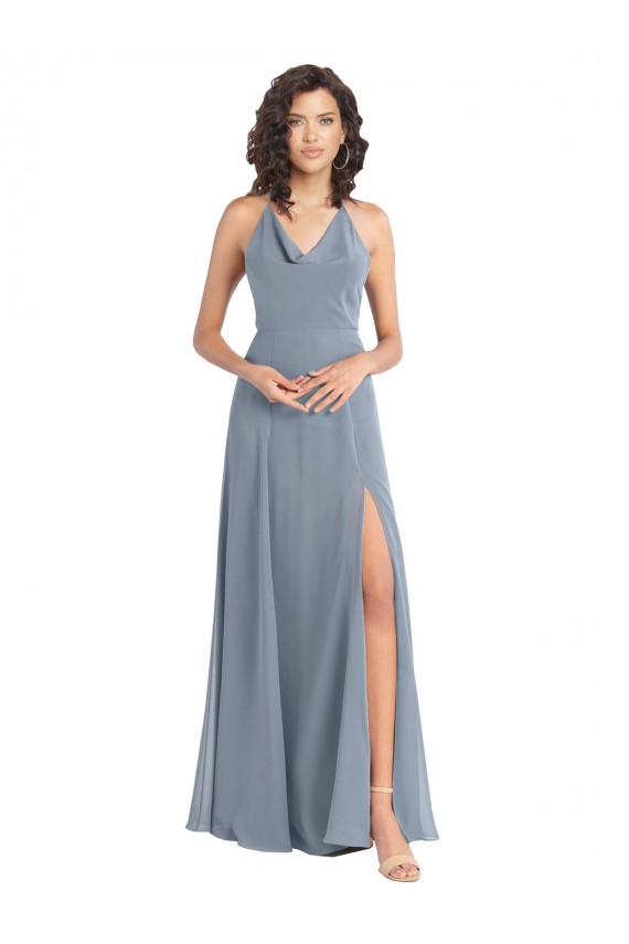 Best Slim A-Line Cowl Neck Long Chiffon Bridesmaid Dress with Side High Slit UK