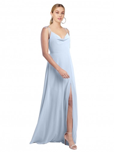Best Draped Cowl Neck Tied Straps Long Chiffon Bridesmaid Dress with Slit UK