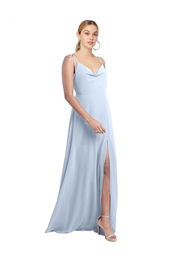 Best Draped Cowl Neck Tied Straps Long Chiffon Bridesmaid Dress with Slit UK