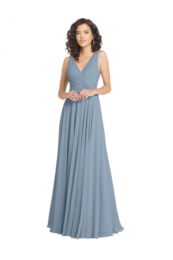 Best Faux Surplice Bodice Long Chiffon Bridesmaid Dress with V-Neckline UK