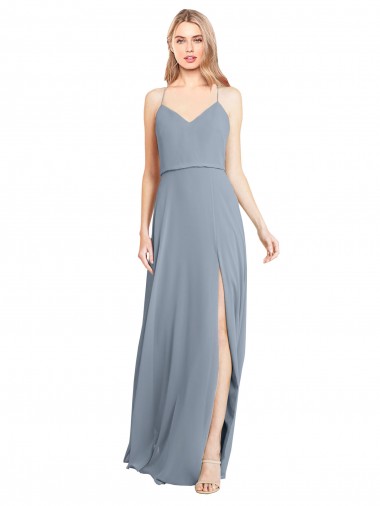 Best Spaghetti Straps V-Neckline Long Chiffon Bridesmaid Dress with High Slit UK