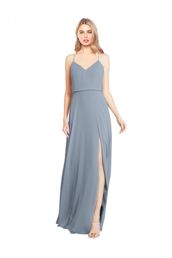 Best Spaghetti Straps V-Neckline Long Chiffon Bridesmaid Dress with High Slit UK