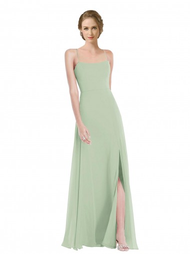 Best Scoop Neck Tie Strap Maxi Bridesmaid Dress with Front Slit UK