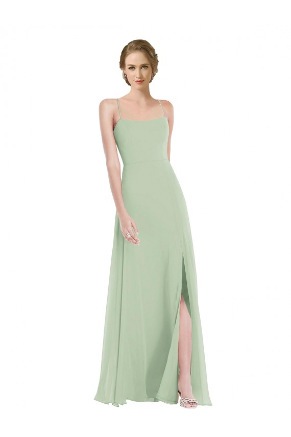 Best Scoop Neck Tie Strap Maxi Bridesmaid Dress with Front Slit UK