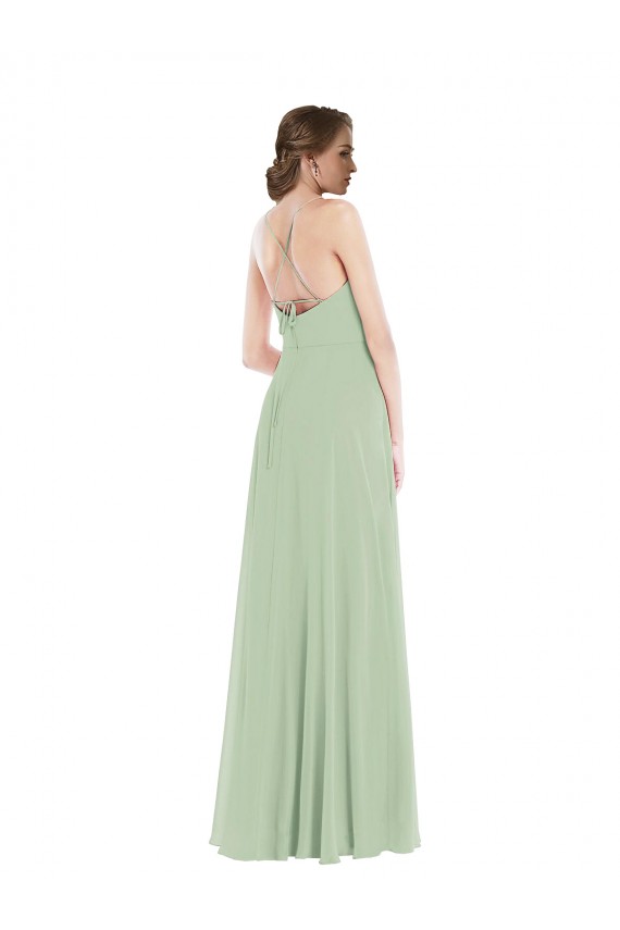 Best Scoop Neck Tie Strap Maxi Bridesmaid Dress with Front Slit UK