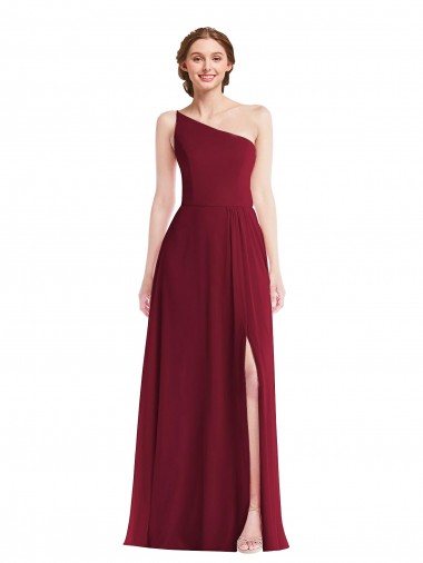 Best One Shoulder Chiffon Maxi Bridesmaid Dress with Shirred Front Slit UK