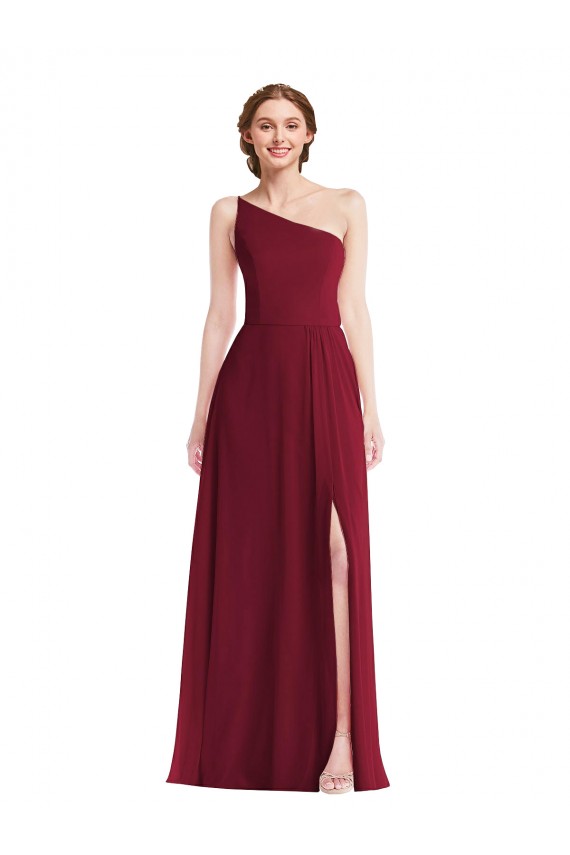 Best One Shoulder Chiffon Maxi Bridesmaid Dress with Shirred Front Slit UK