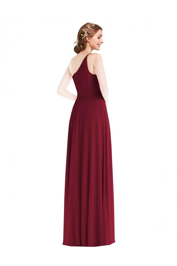 Best One Shoulder Chiffon Maxi Bridesmaid Dress with Shirred Front Slit UK