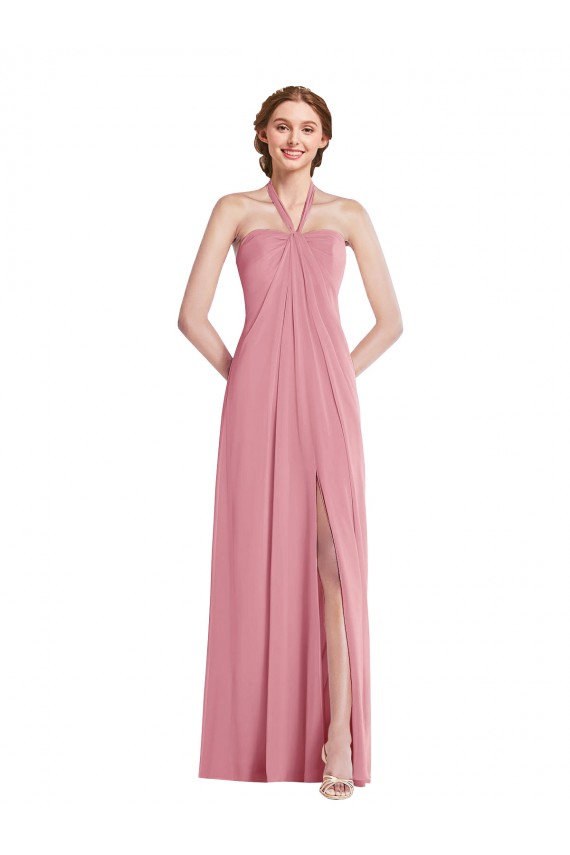 Best Draped Chiffon Grecian Column Bridesmaid Dress with Front Slit UK