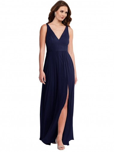 Best Deep V-Neck Chiffon Maxi Bridesmaid Dress with Front Slit UK