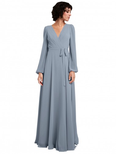 Best Wrap Style Long Sleeves Chiffon Bridesmaid Dress with Pleated Bodice UK
