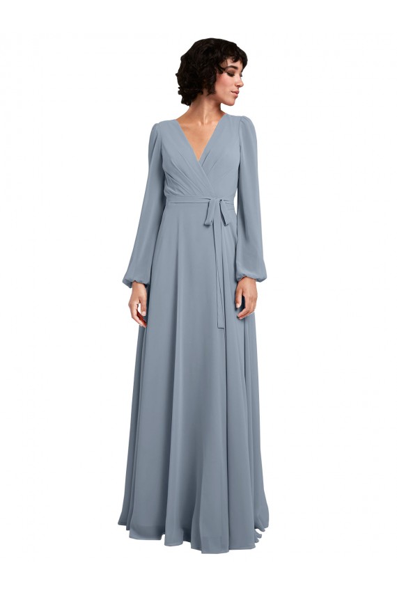 Best Wrap Style Long Sleeves Chiffon Bridesmaid Dress with Pleated Bodice UK