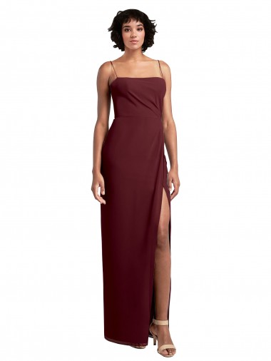 Best Sleek Straight Neckline Chiffon Bridesmaid Dress with Spaghetti Straps and High Side Slit UK