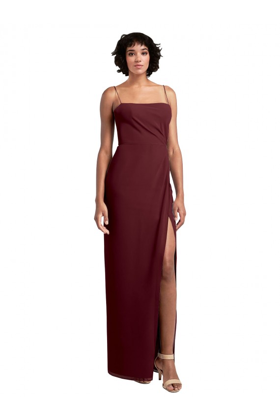 Best Sleek Straight Neckline Chiffon Bridesmaid Dress with Spaghetti Straps and High Side Slit UK