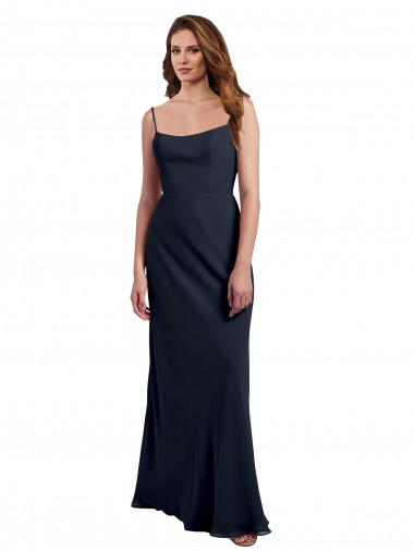 Best Scoop Neck Long Chiffon Open Back Bridesmaid Dress with Spaghetti Straps UK