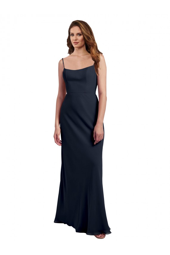 Best Scoop Neck Long Chiffon Open Back Bridesmaid Dress with Spaghetti Straps UK