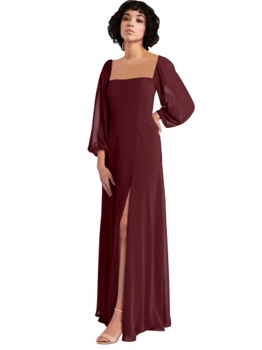 Best Sheer Long Sleeves Chiffon Bridesmaid Dress with High Slit UK