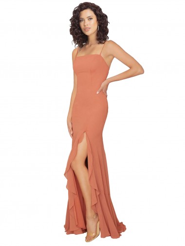 Best Chiffon Square Neck Bridesmaid Dress with Ruffled Skirt Slit UK