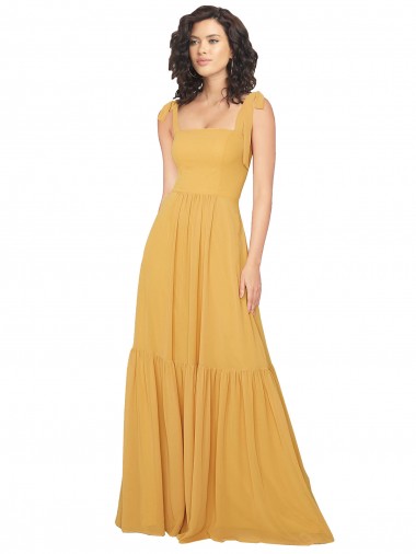 Best Tied Strap Square Neck Long Chiffon Bridesmaid Dress UK