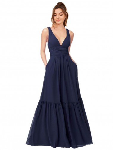 Best Floor Length Deep V-Neck Ruched Chiffon Long Bridesmaid Dress UK