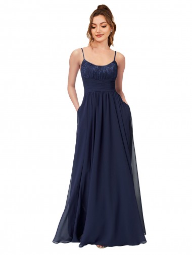 Best Long Chantilly Lace and Ruched Chiffon Bridesmaid Dress with Pockets UK