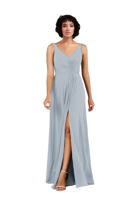 Best V-Neckline Wrapped Chiffon Bridesmaid Dress with Skirt Slit UK