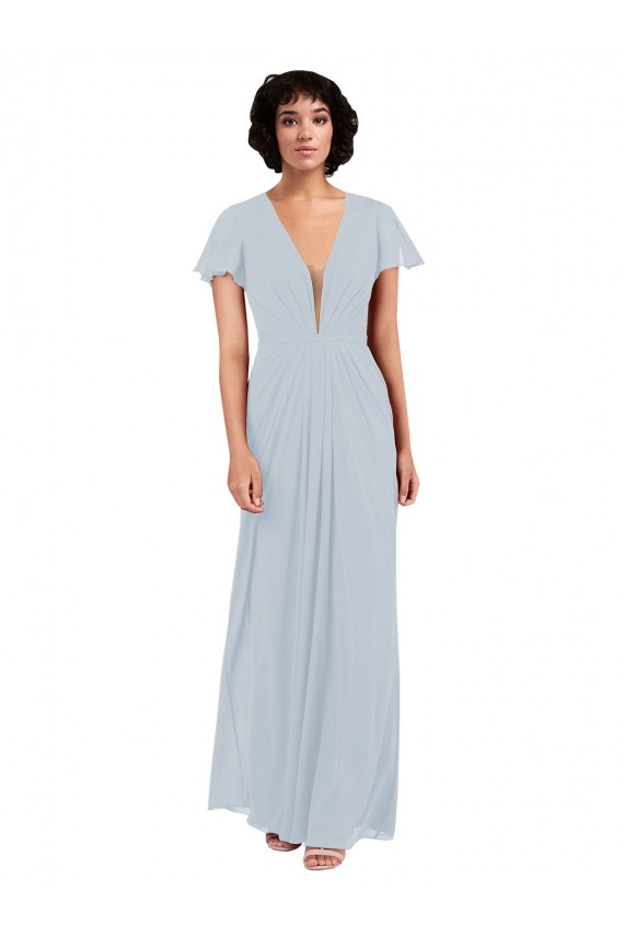 Best Deep V-Neckline Chiffon Bridesmaid Dress with Flutter Sleeves UK