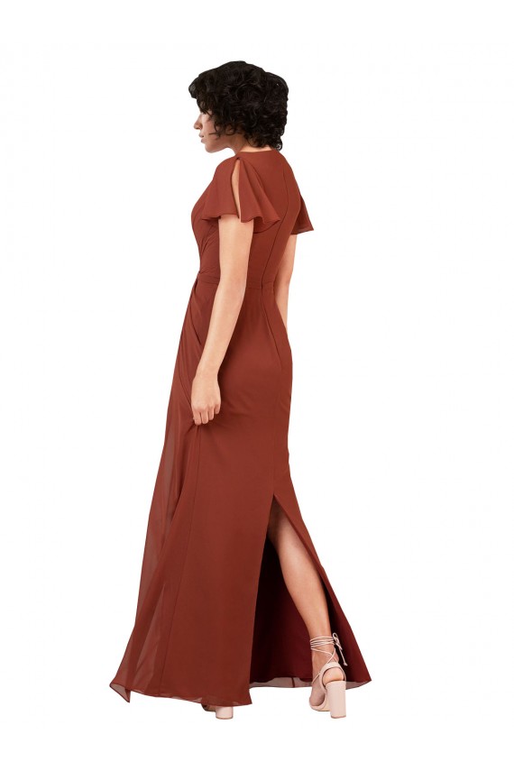 Best Deep V-Neckline Chiffon Bridesmaid Dress with Flutter Sleeves UK