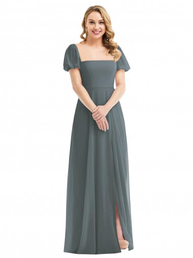 Best Puff Sleeves Chiffon Maxi Bridesmaid Dress with Front Slit UK