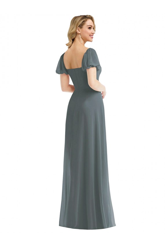 Best Puff Sleeves Chiffon Maxi Bridesmaid Dress with Front Slit UK