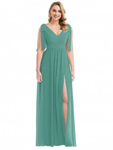 Best Plunge Neckline Bow Shoulder Chiffon Maxi Bridesmaid Dress UK