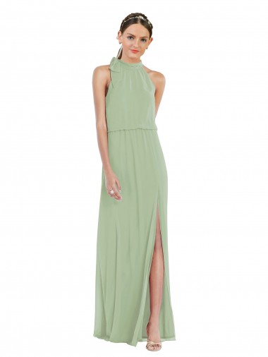 Best High Neck Scarf Tie Blouson Bodice Maxi Bridesmaid Dress with Front Slit UK