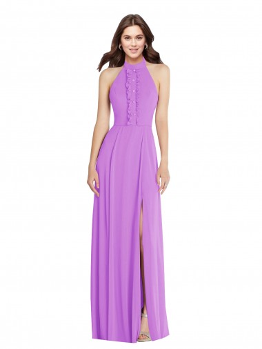 Best Halter Backless Maxi Formal Bridesmaid Dress with Button Ruffle Placket UK