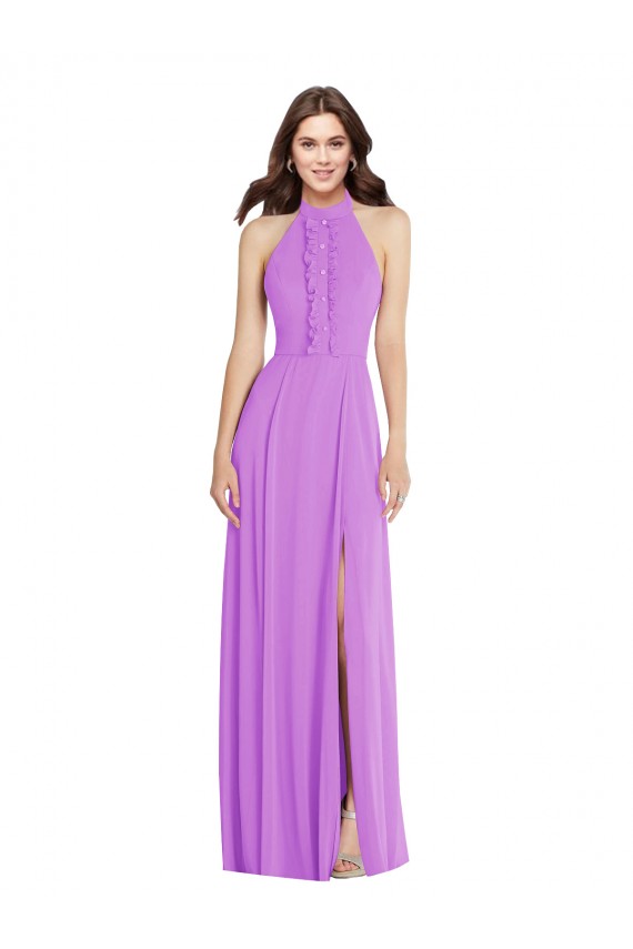 Best Halter Backless Maxi Formal Bridesmaid Dress with Button Ruffle Placket UK