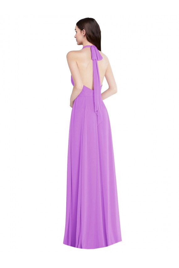 Best Halter Backless Maxi Formal Bridesmaid Dress with Button Ruffle Placket UK