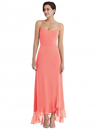 Best Scoop Neck Ruffle Trimmed High Low Maxi Bridesmaid Dress UK